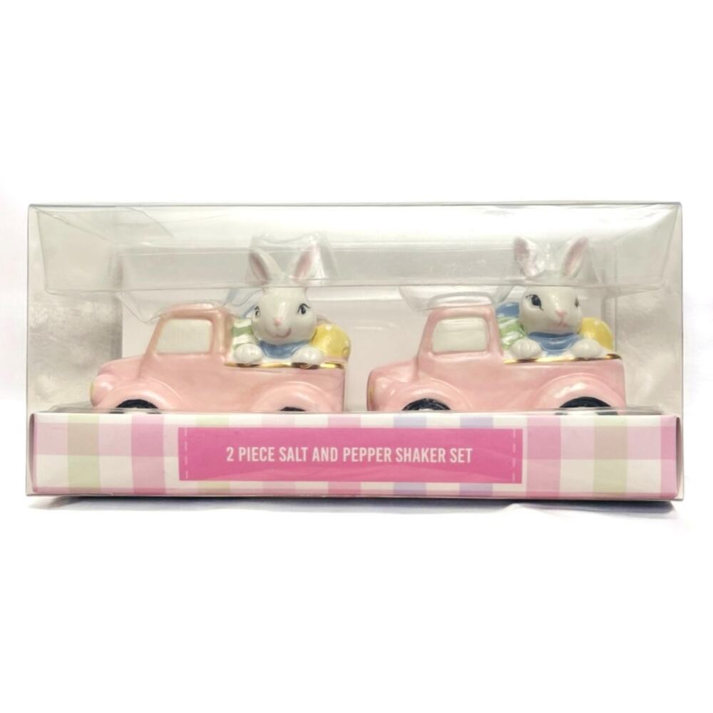 Lily & Lark Ceramic Rabbit, Egg Truck, Rose Gold Trim, Salt & Pepper Shakers NEW